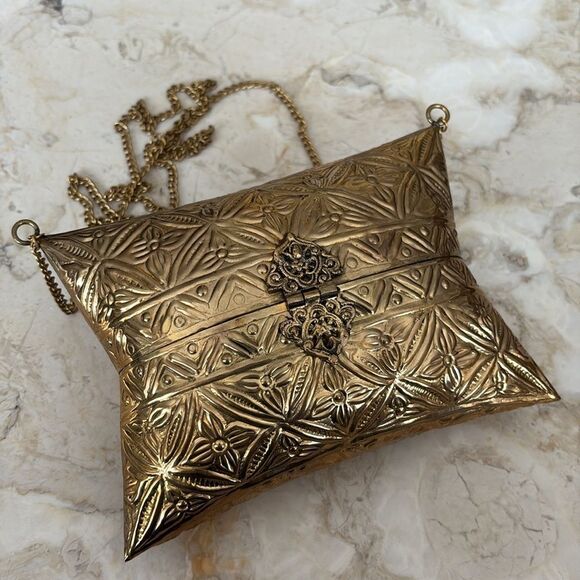 Brass Handcrafted Boho Pillow Shaped Evening Bag w/ Crossbody Chain Strap - Picture 2 of 15